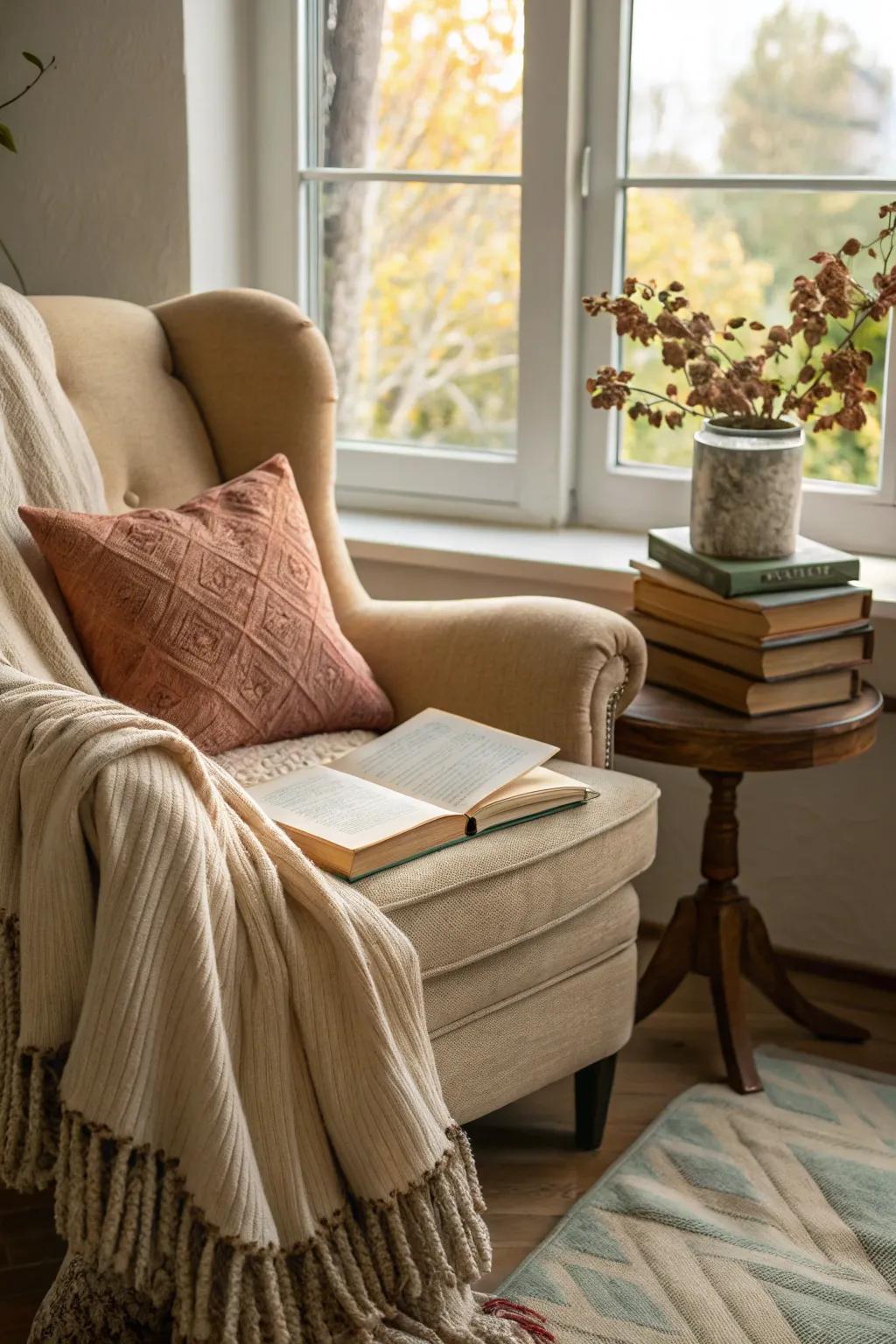 An inviting reading area for winter relaxation