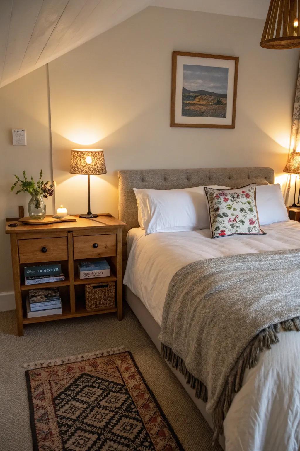 Practical items improve convenience and comfort in an Airbnb bedroom.