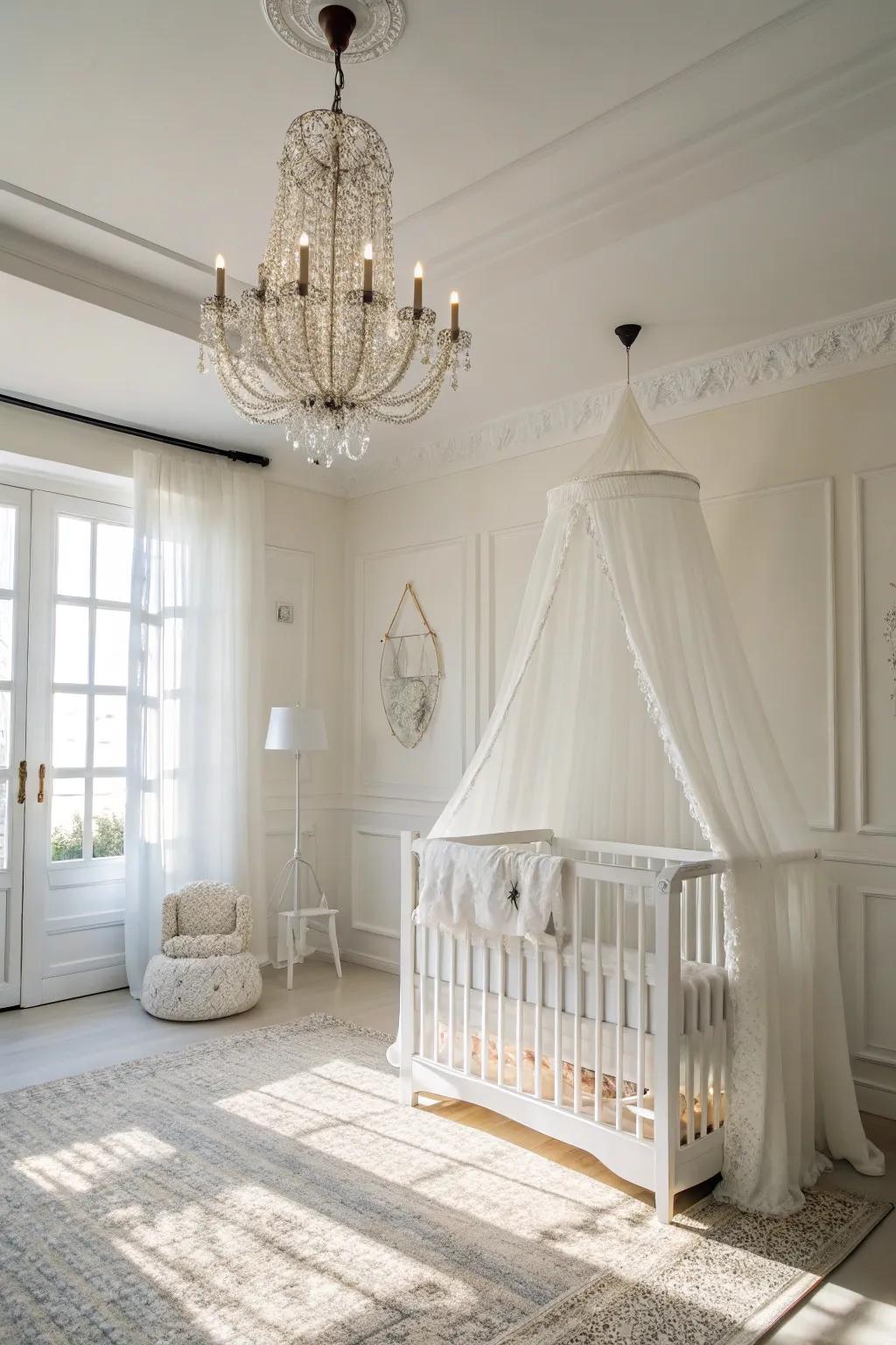 Statement lighting adds sophistication to a white nursery.