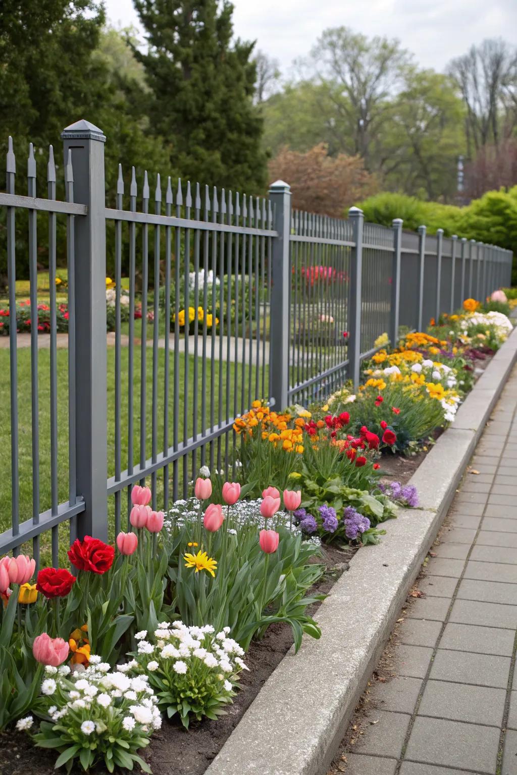 Flower beds add vibrant color to a sleek metal fence.