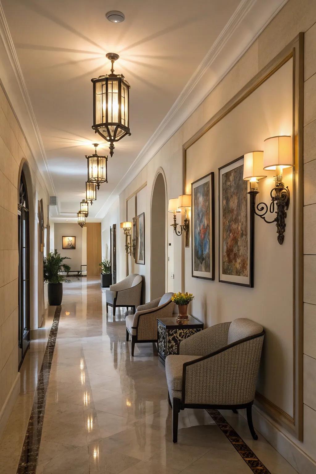 A hallway brought to life with chic wall sconces.
