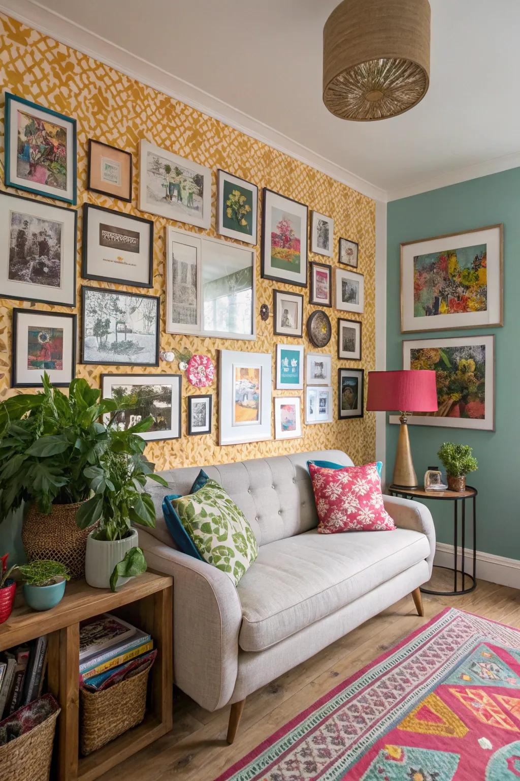 A gallery wall adds personality and color to this small living room.