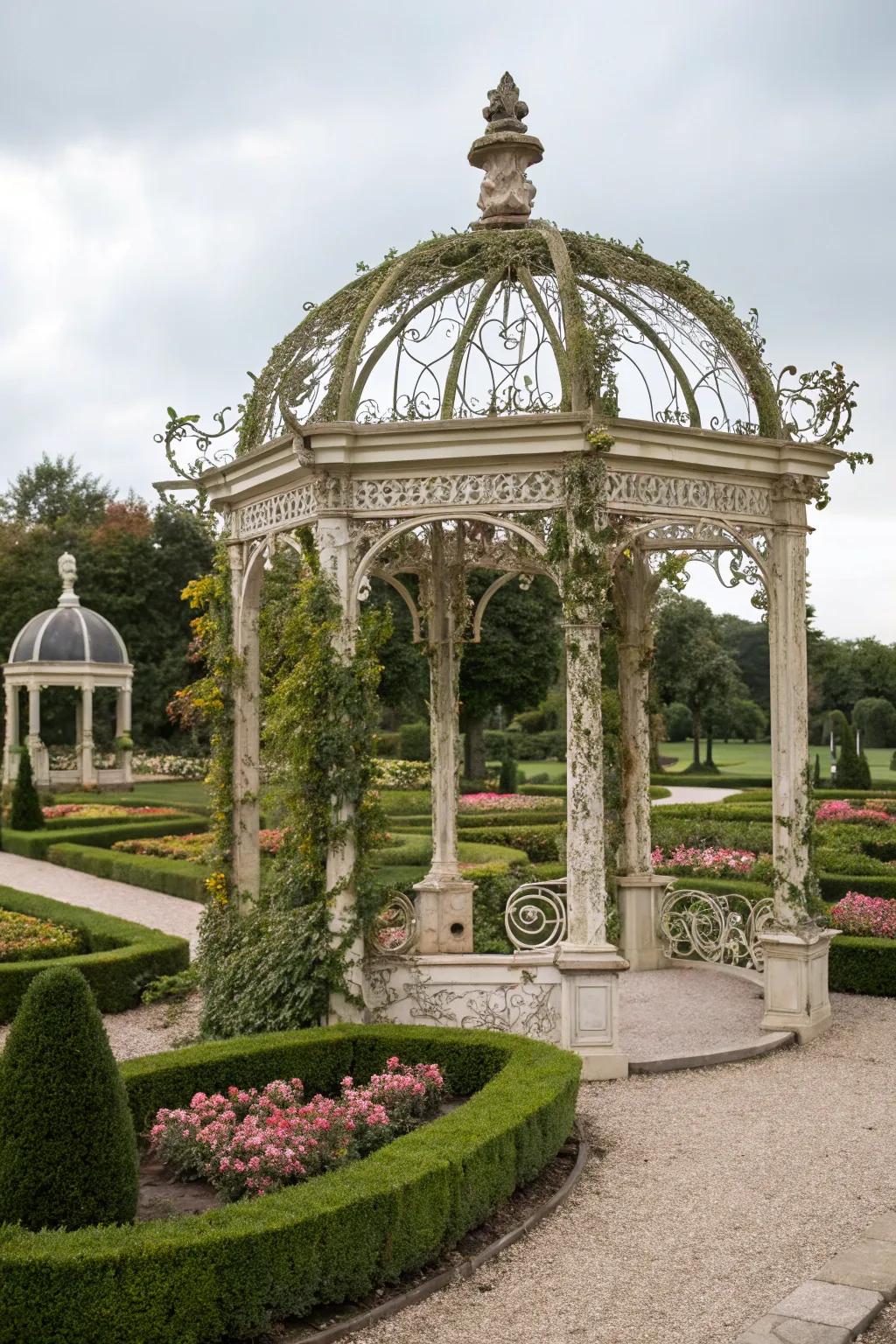 An ornate Victorian arbor enhancing a majestic garden landscape.