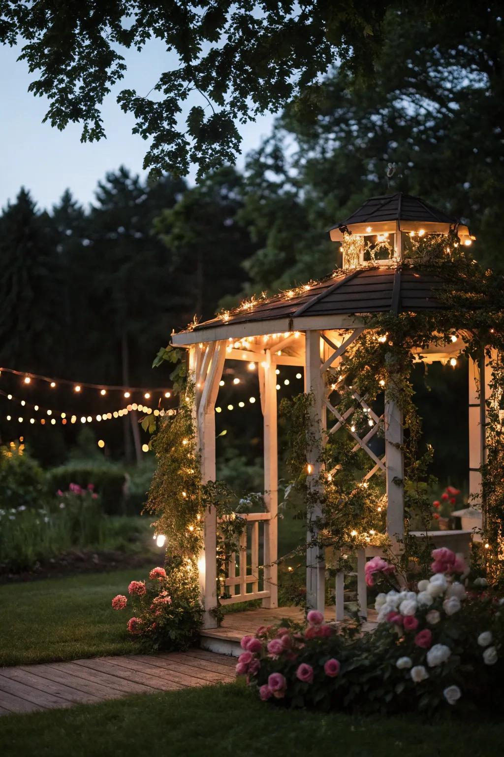 String lights transform an arbor into a magical night-time feature.