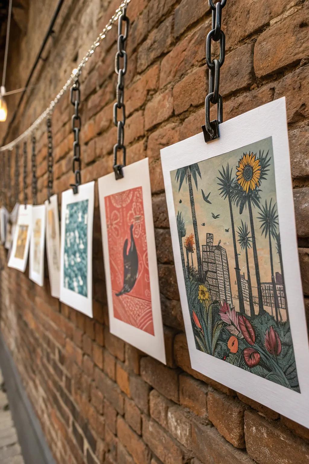 Art prints suspended via chains for an industrial impression.