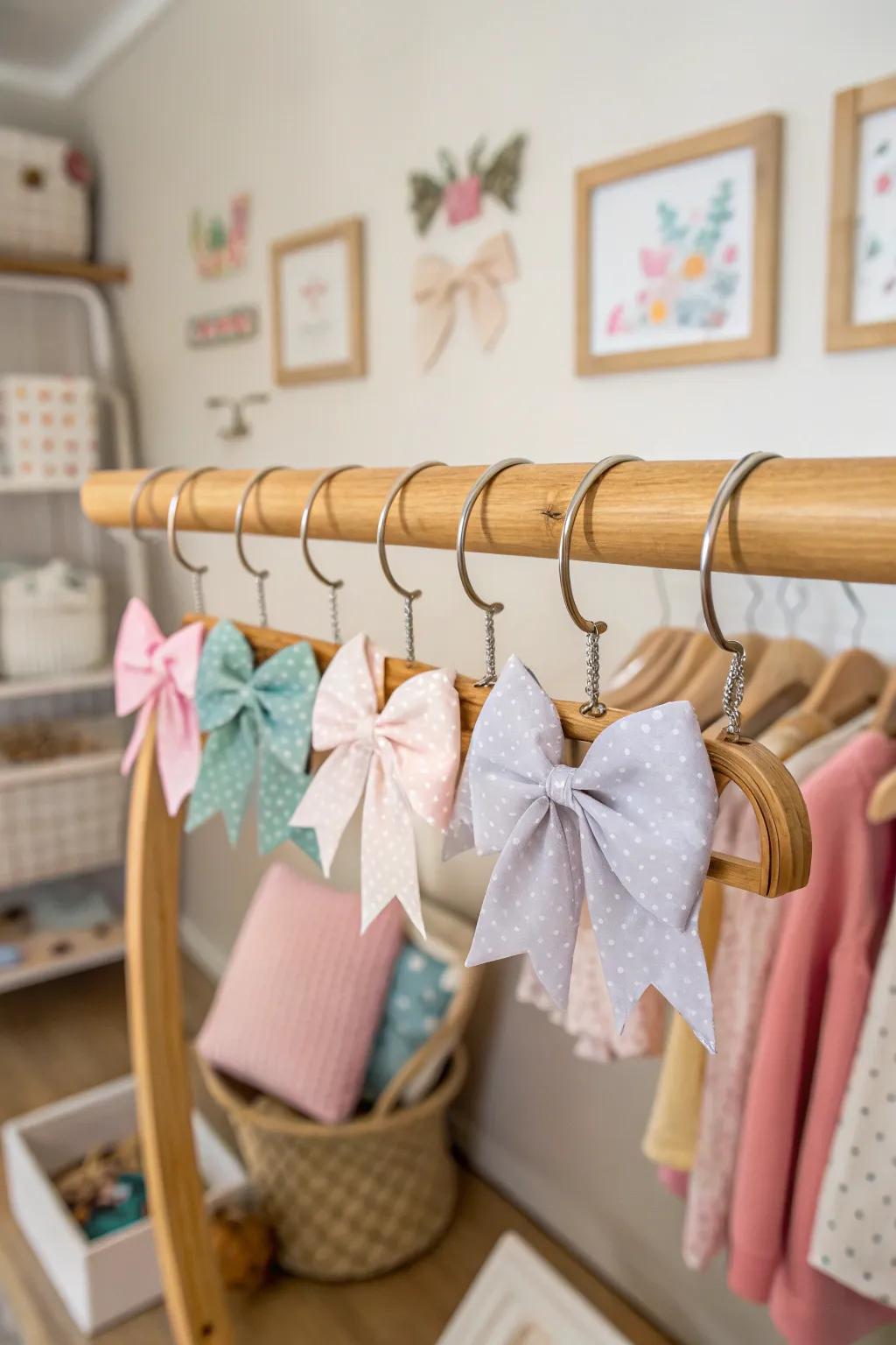 A rustic wooden rod system designed for organizing baby bows.