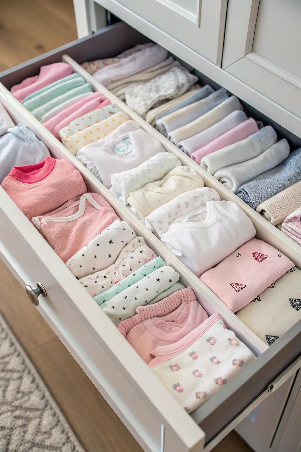 Effective folding techniques improve drawer storage for baby clothes.