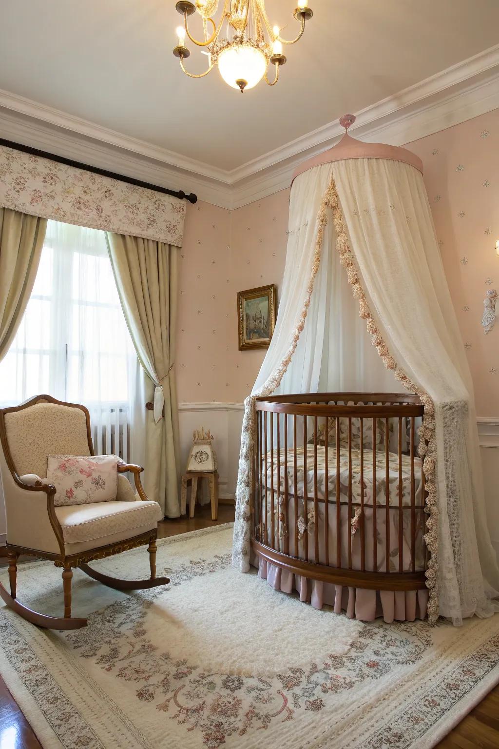 A canopy over the crib gives style and defines the baby corner as a cozy nook.