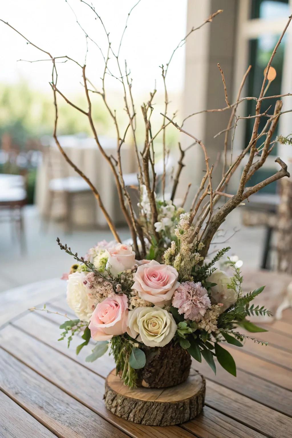 A nature-inspired centerpiece incorporating a perch-like design