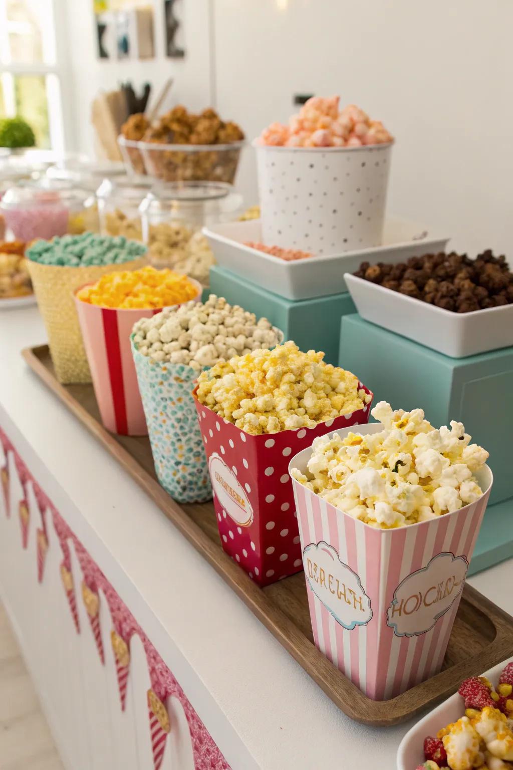 A popcorn station showcasing a mix of sweet and savory flavors.