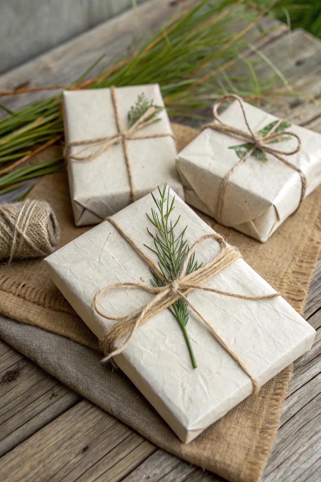 Earth-friendly wraps give a rustic and sustainable charm.