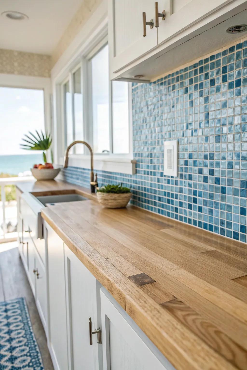 Seize coastal peacefulness through a blue patterned backsplash.
