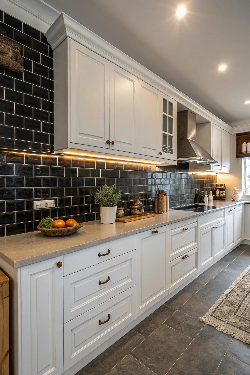 Dark backsplashes create a dramatic contrast in this white kitchen.