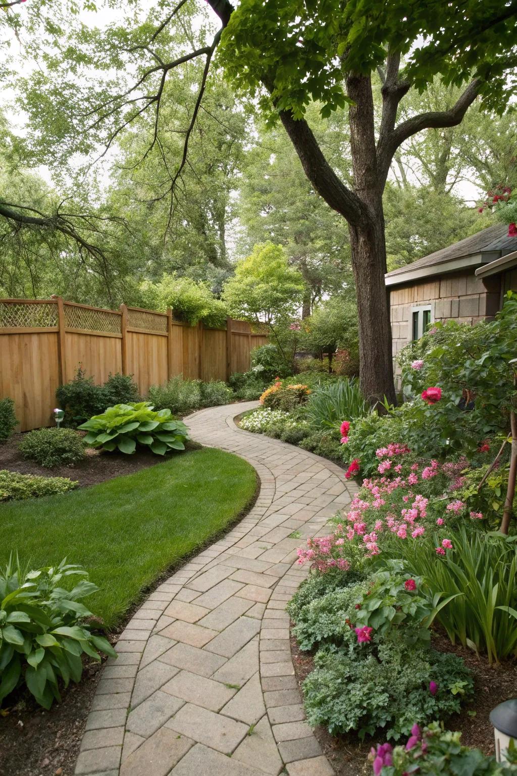 A stone pathway introduces sophistication and guidance to the garden.