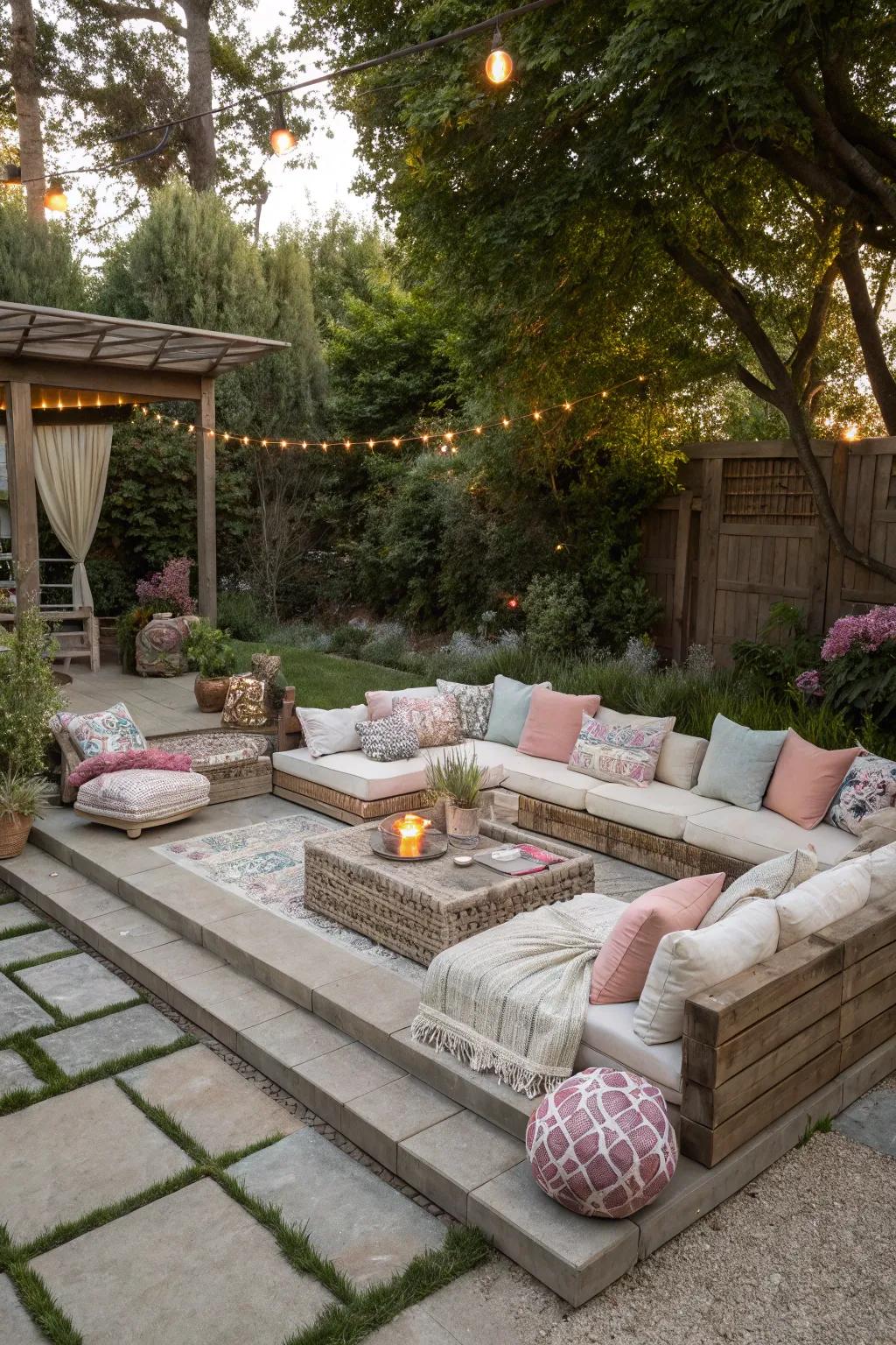 A sunken lounge welcomes relaxation and intimate gatherings.
