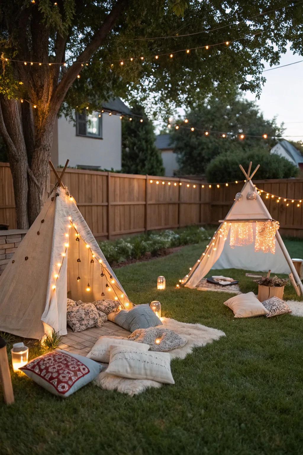 Teepee shelters create a snug and enchanting atmosphere for watching movies.