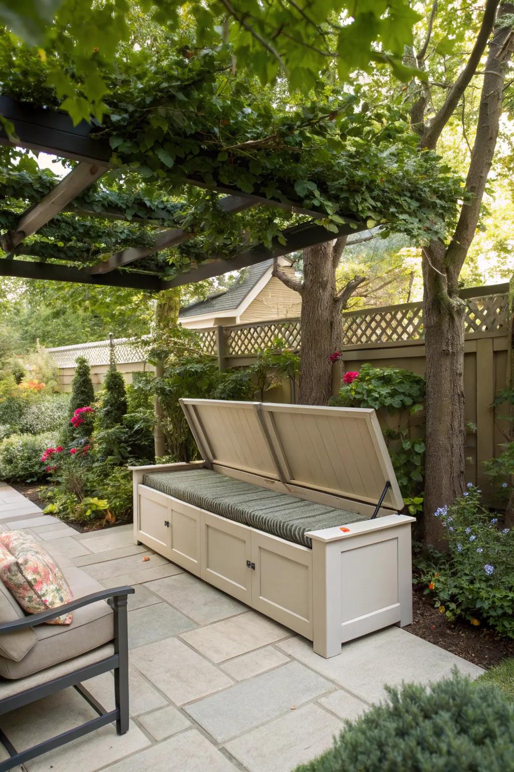 A sleek bench with hidden storage for patio essentials.