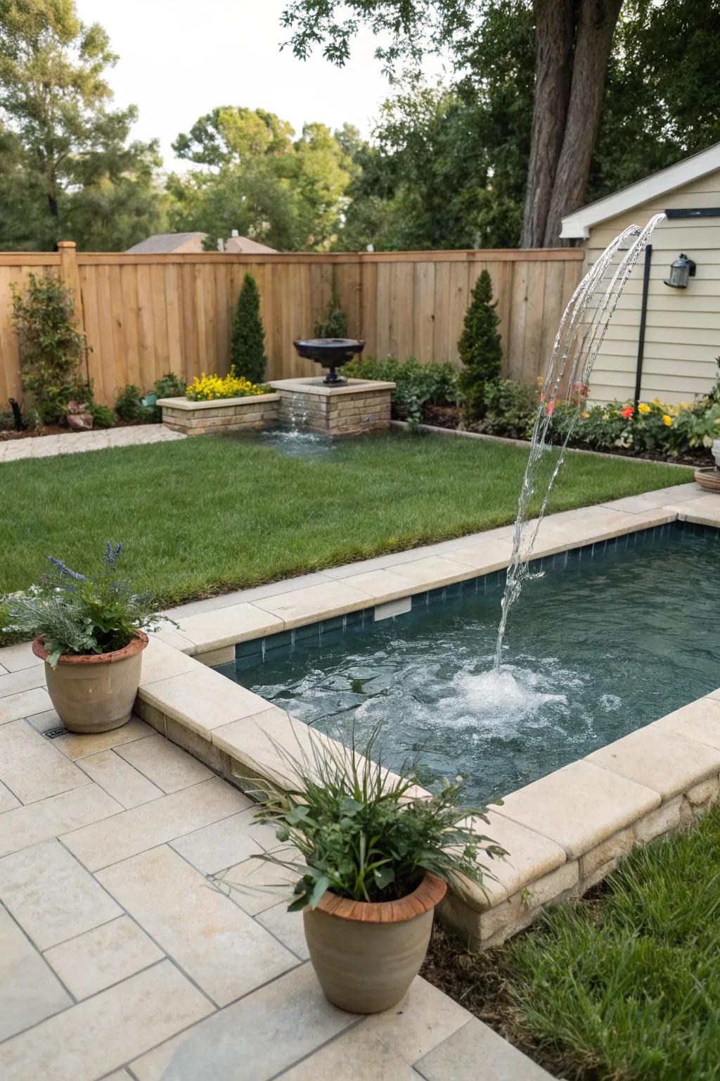 A backyard pool enhanced by a calming water accent.