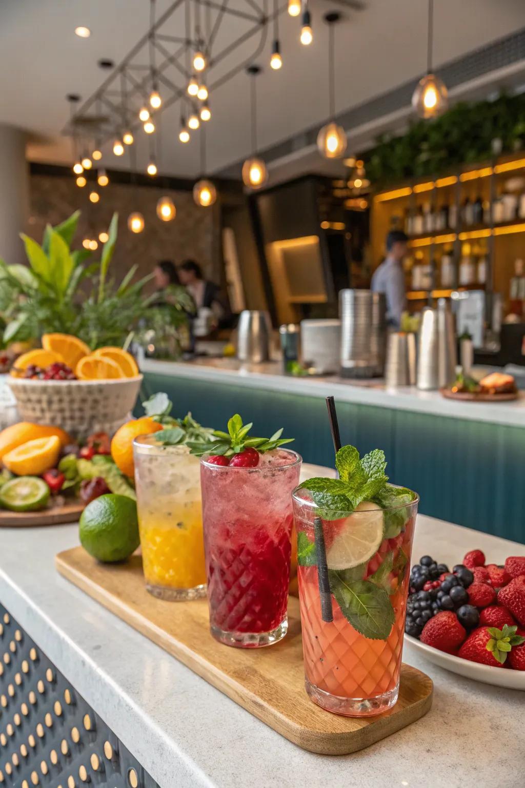 A vibrant mocktail bar serving revitalizing drinks.