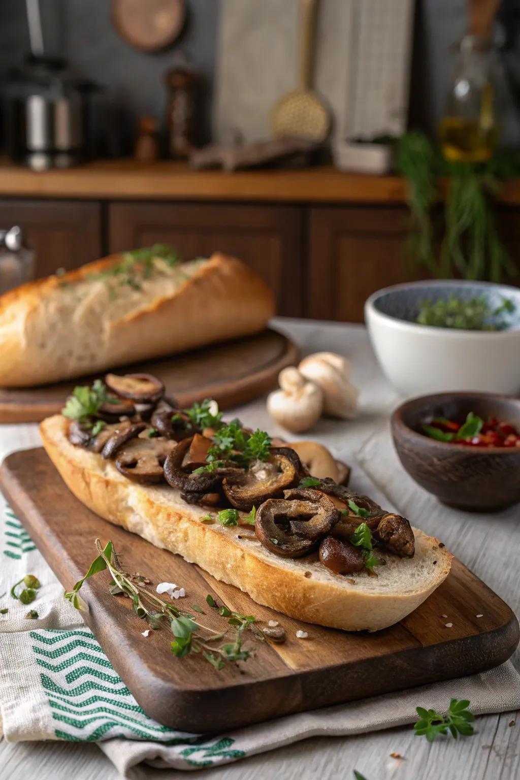 An earthy mushroom mix on a baguette, perfect for wine pairing.