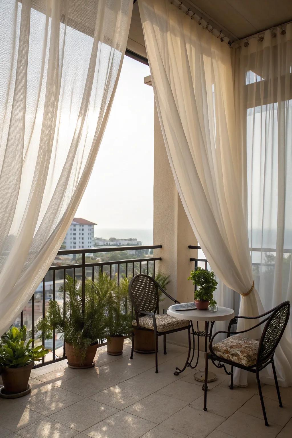 Lightweight drapes provide both privacy and beauty to your balcony.