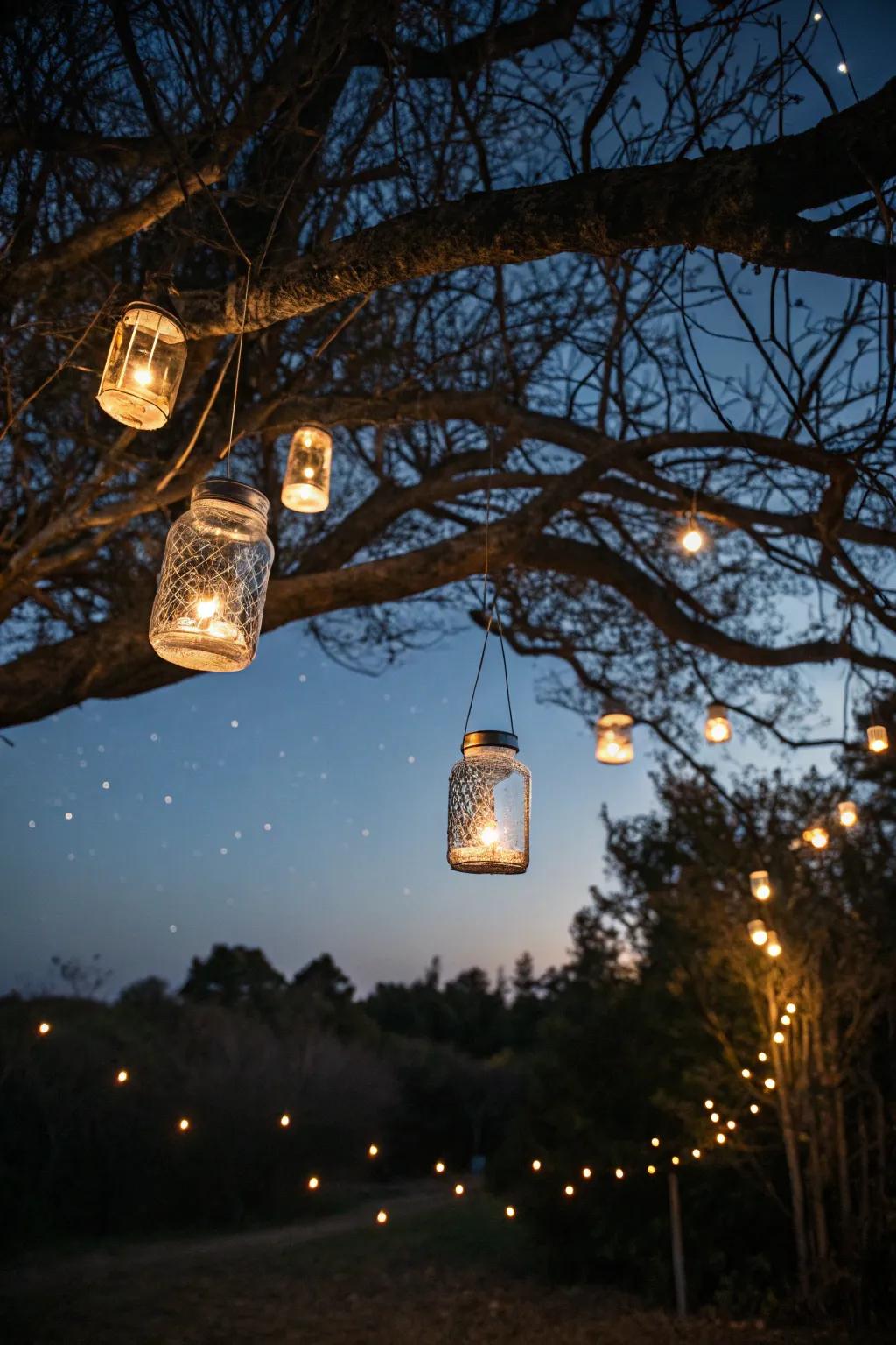 Whimsical garden lanterns made from ball jars create an enchanting atmosphere.