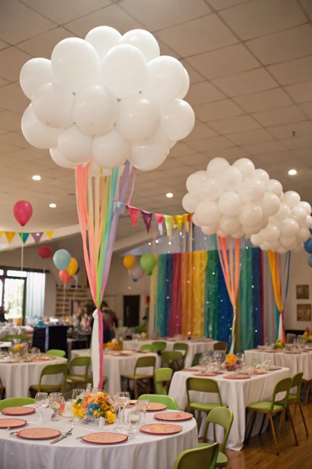 Whimsical balloon clouds create a dreamy atmosphere.