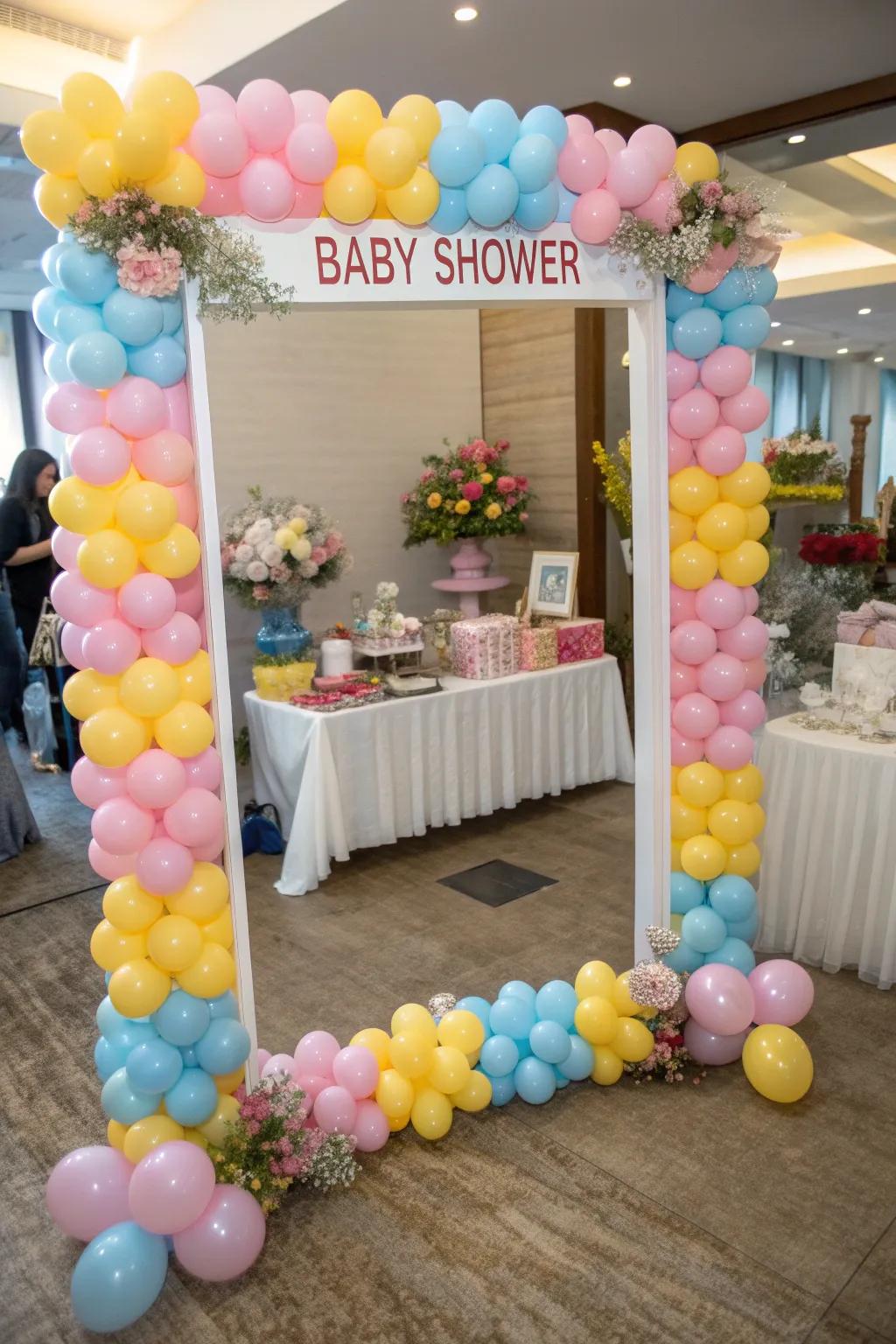 A balloon photo prop adds interactive fun to the celebration.