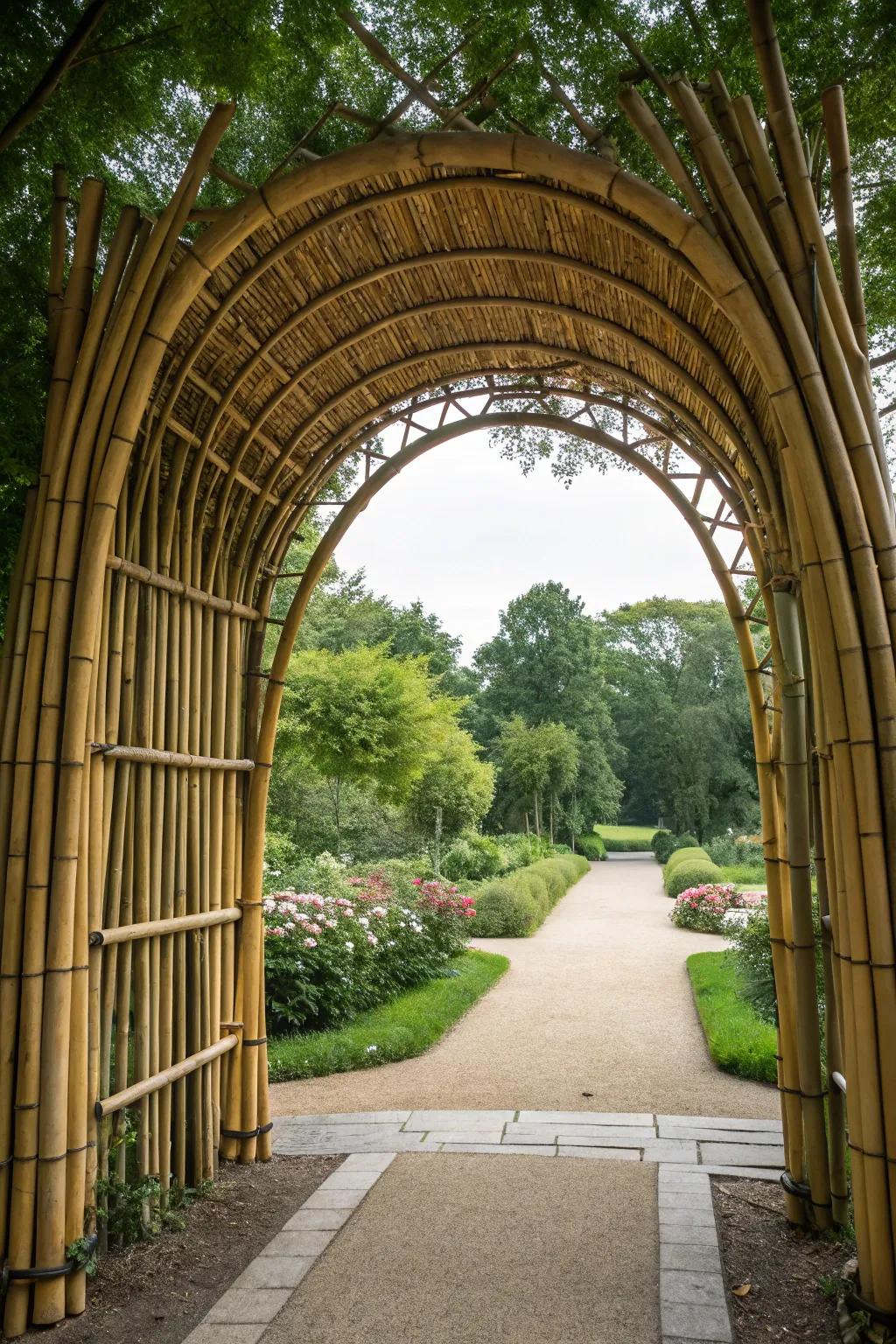 A reed archway creates a stunning garden entrance.