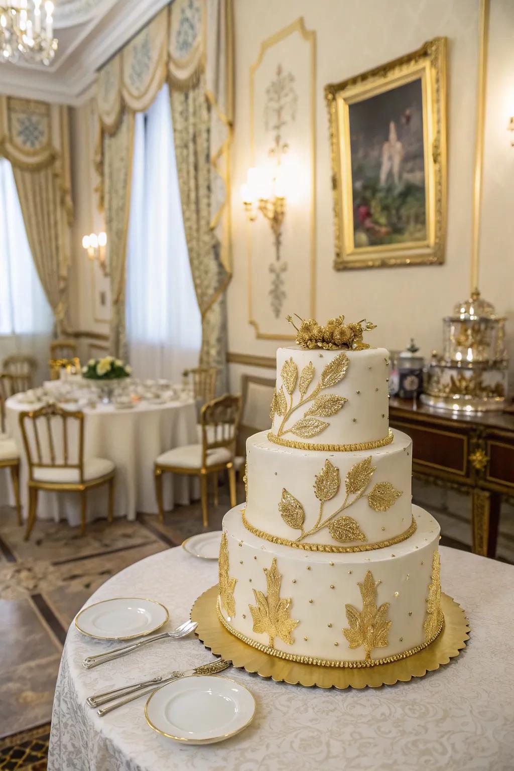 A luxurious cake featuring gilded accents for a touch of elegance.