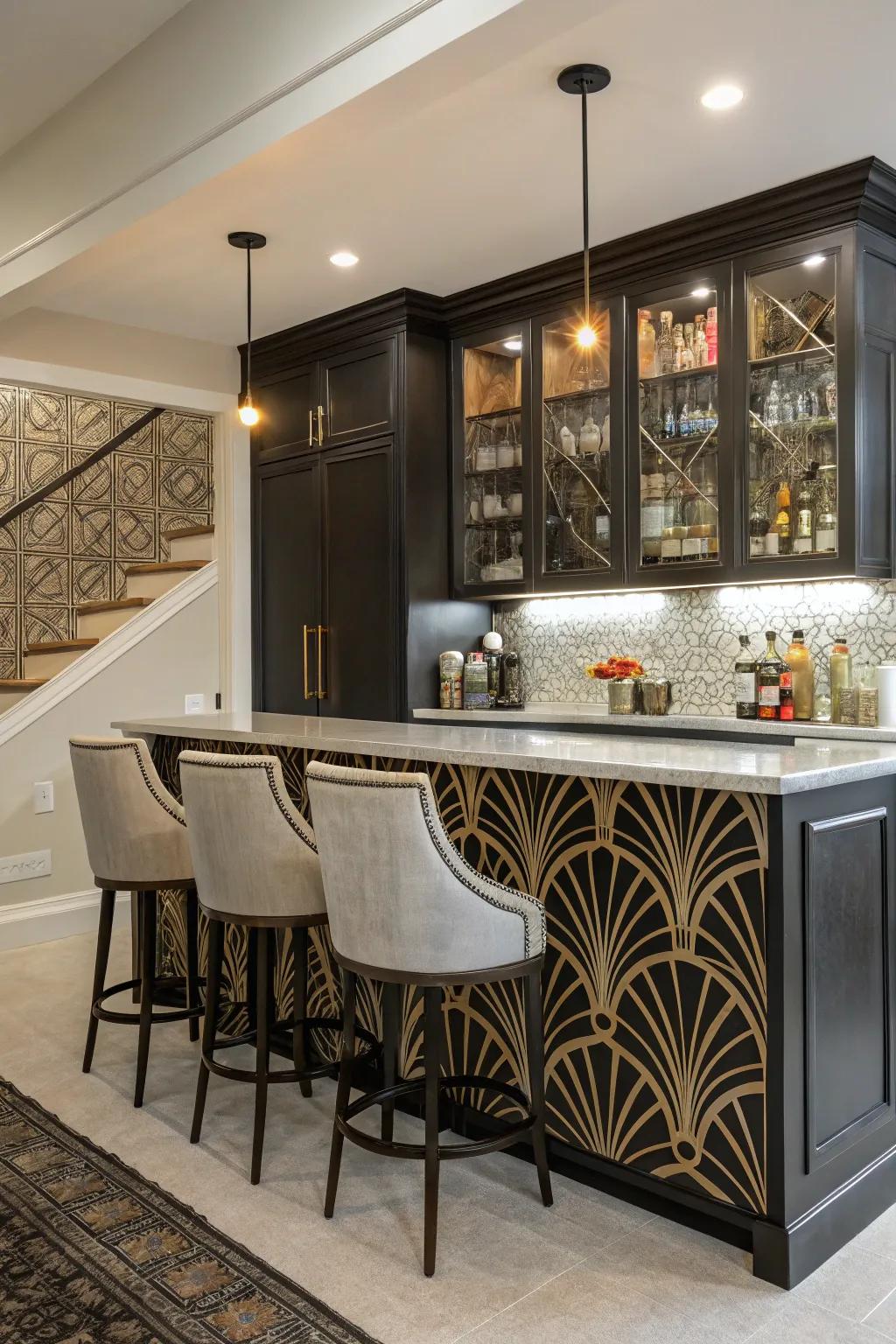 A home bar with a Roaring Twenties-influenced backsplash featuring striking graphic shapes.