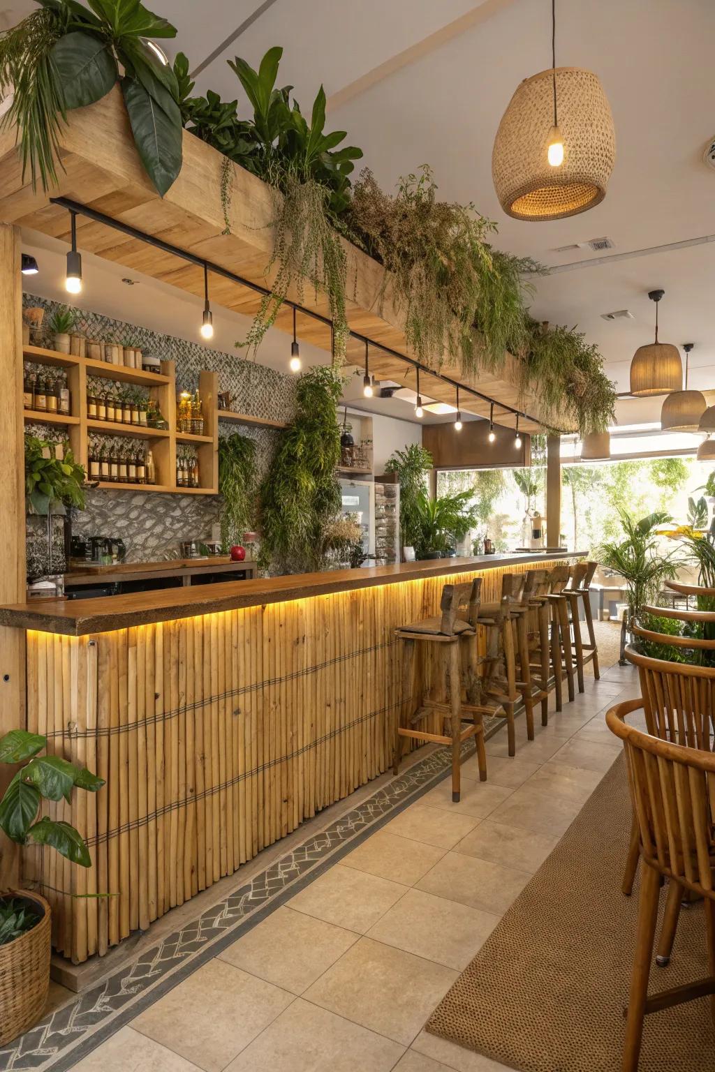 Eco-friendly bamboo foot rails add a natural element.