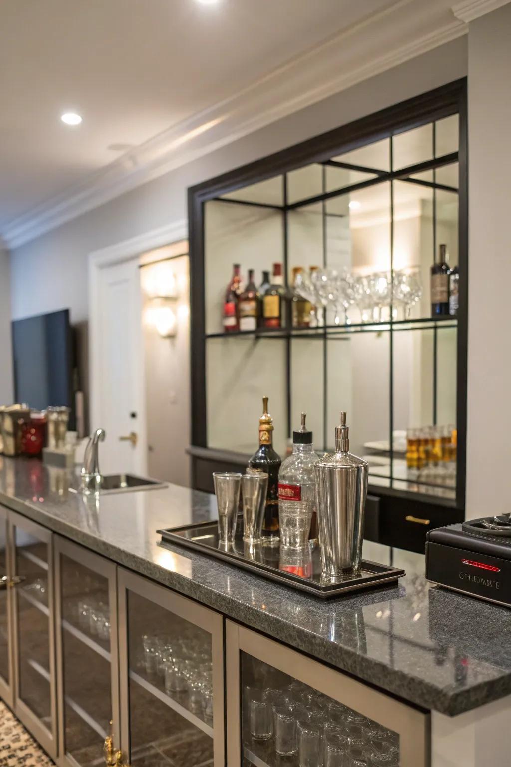 Functional countertops under mirrored shelves for easy drink preparation.