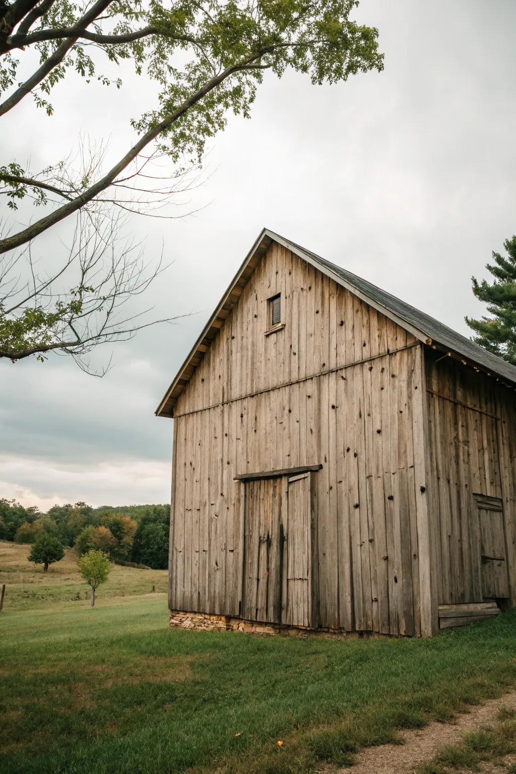 An unshielded wooden barn that displays natural country beauty.