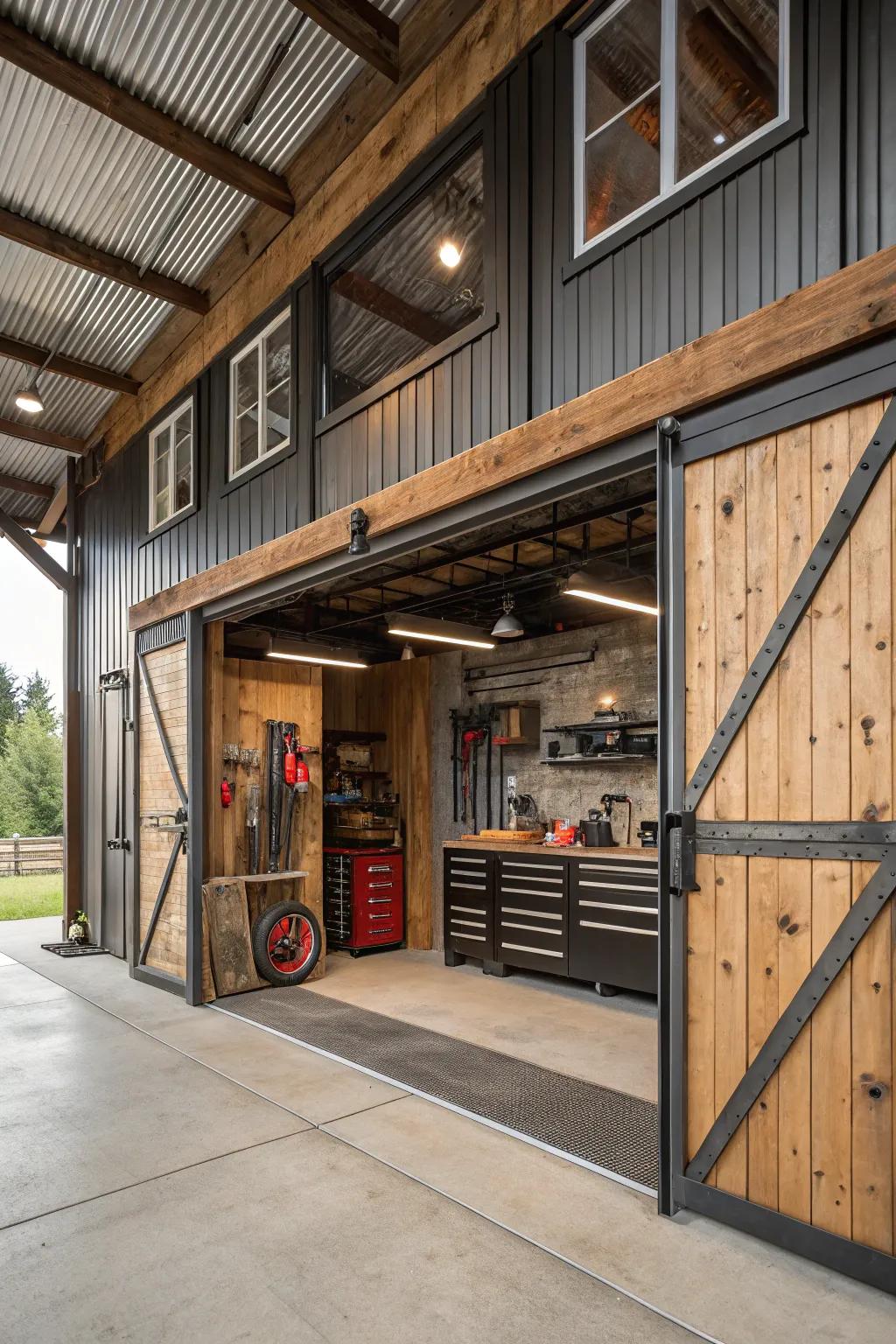 Factory details give this barn garage a cool look.