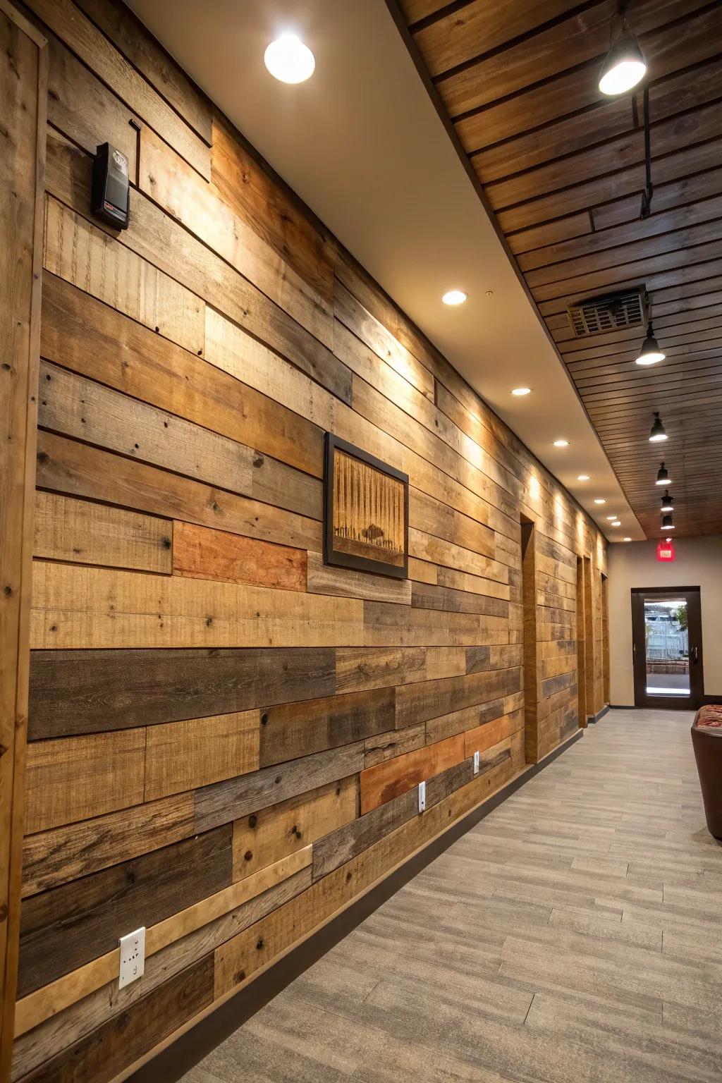 Craft a vibrant feature wall by layering wooden boards.