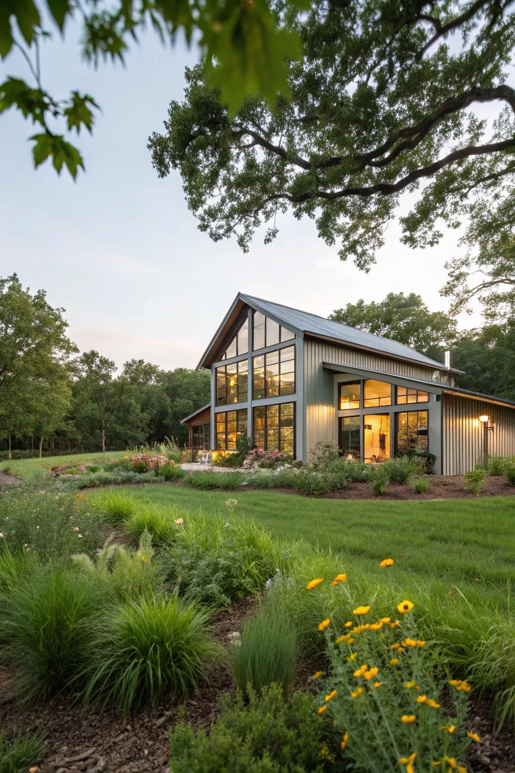 A green landscape enhances the natural beauty of this barndominium.
