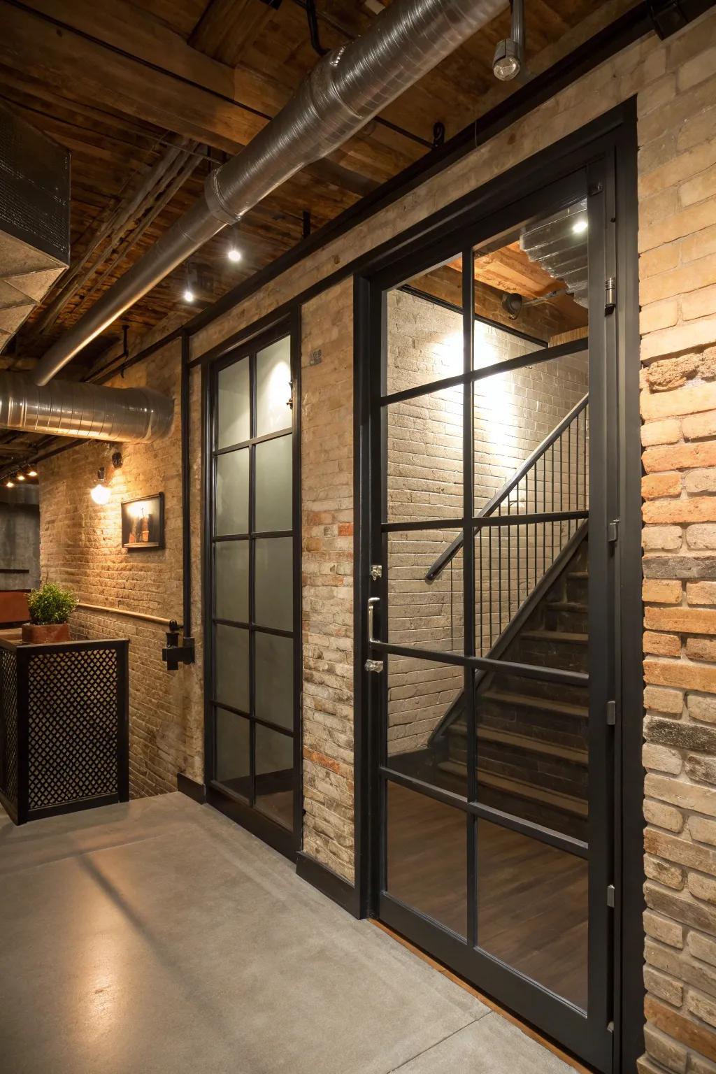 An industrial-style door adds a modern edge to the basement entry.