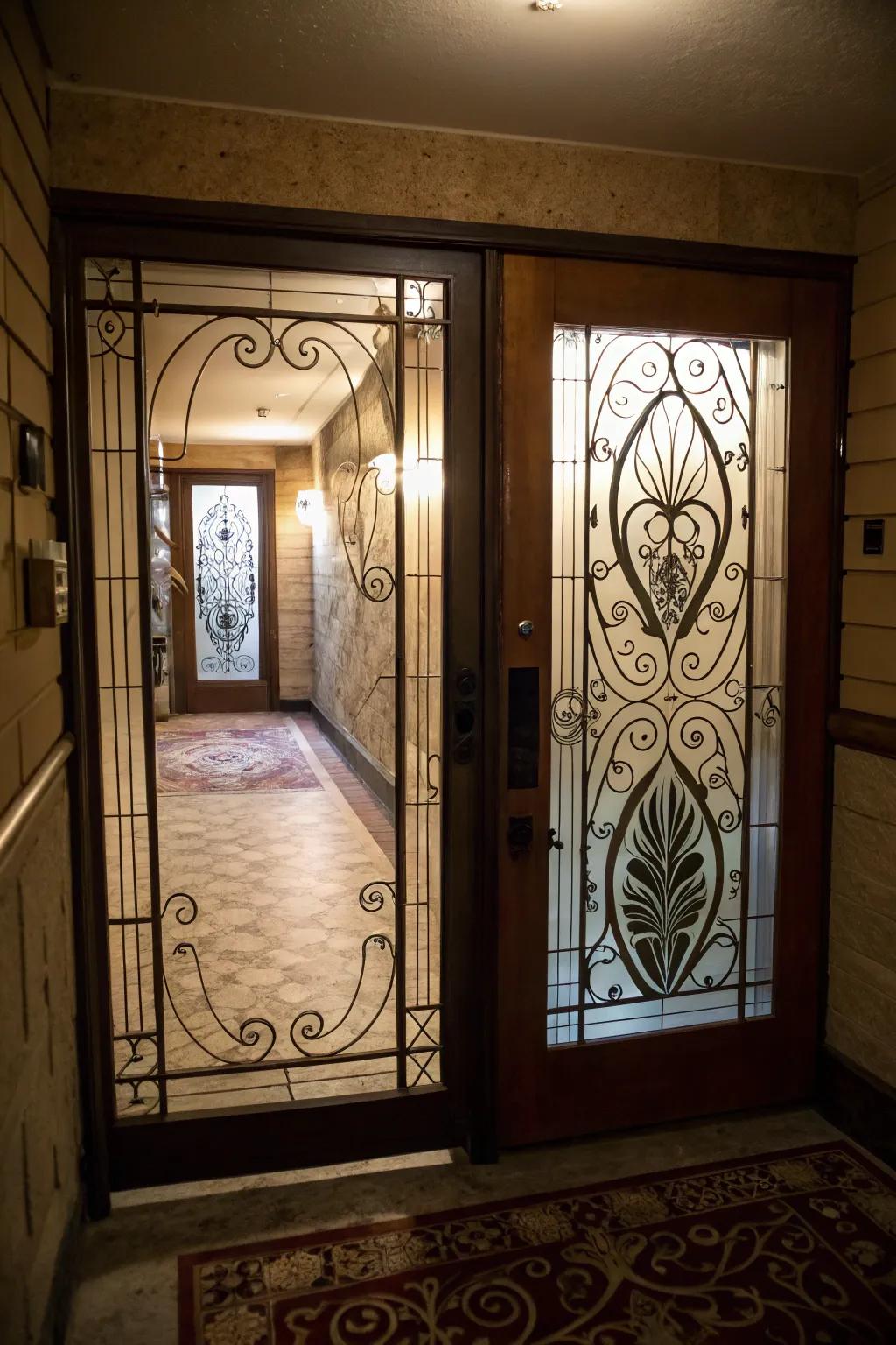Glass panels craft a captivating interplay of light and shadows.