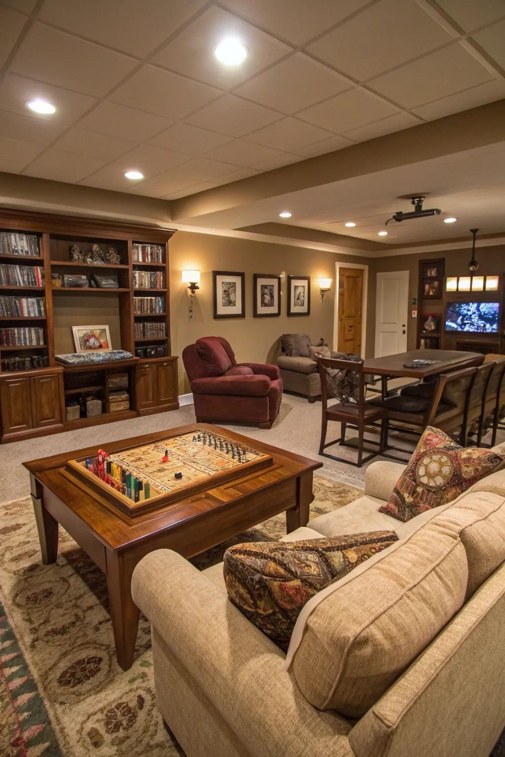 A game section adds a fun element to this family-friendly basement.