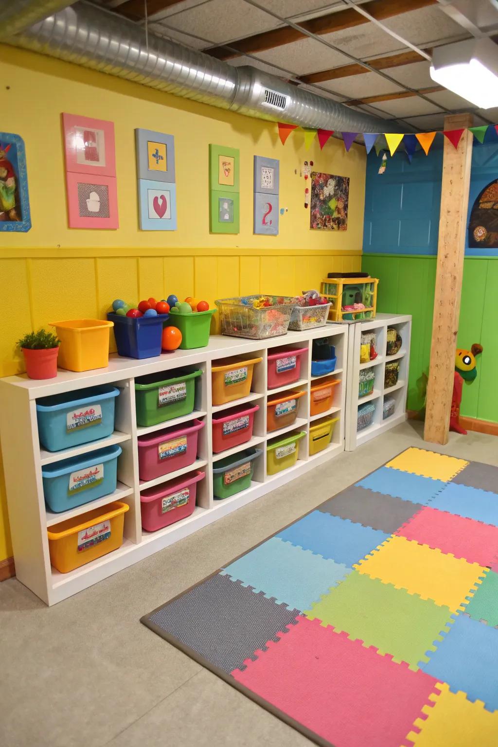 A dedicated play zone confines and organizes toys.