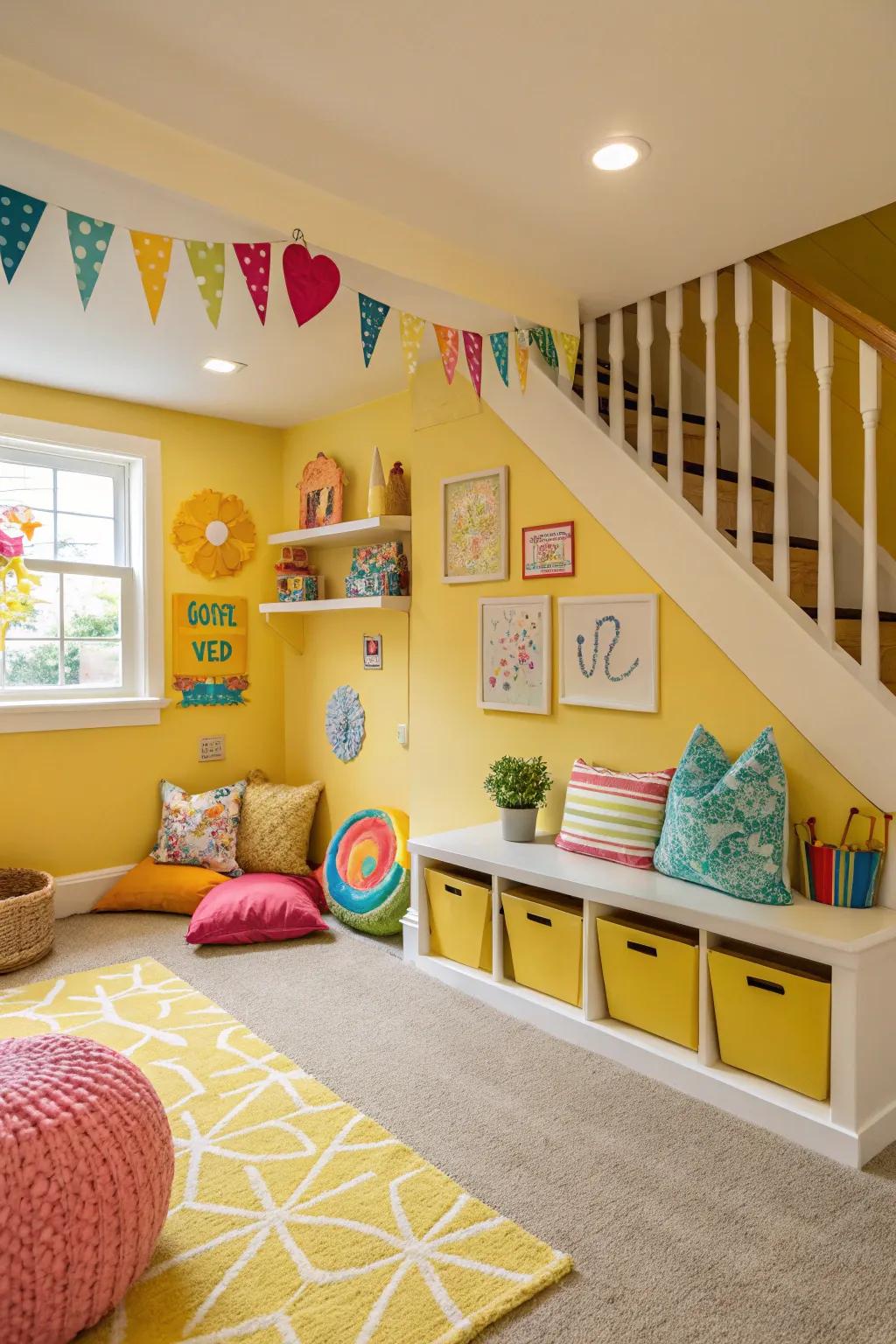 Walls of radiant yellow bring happiness to this playful space.