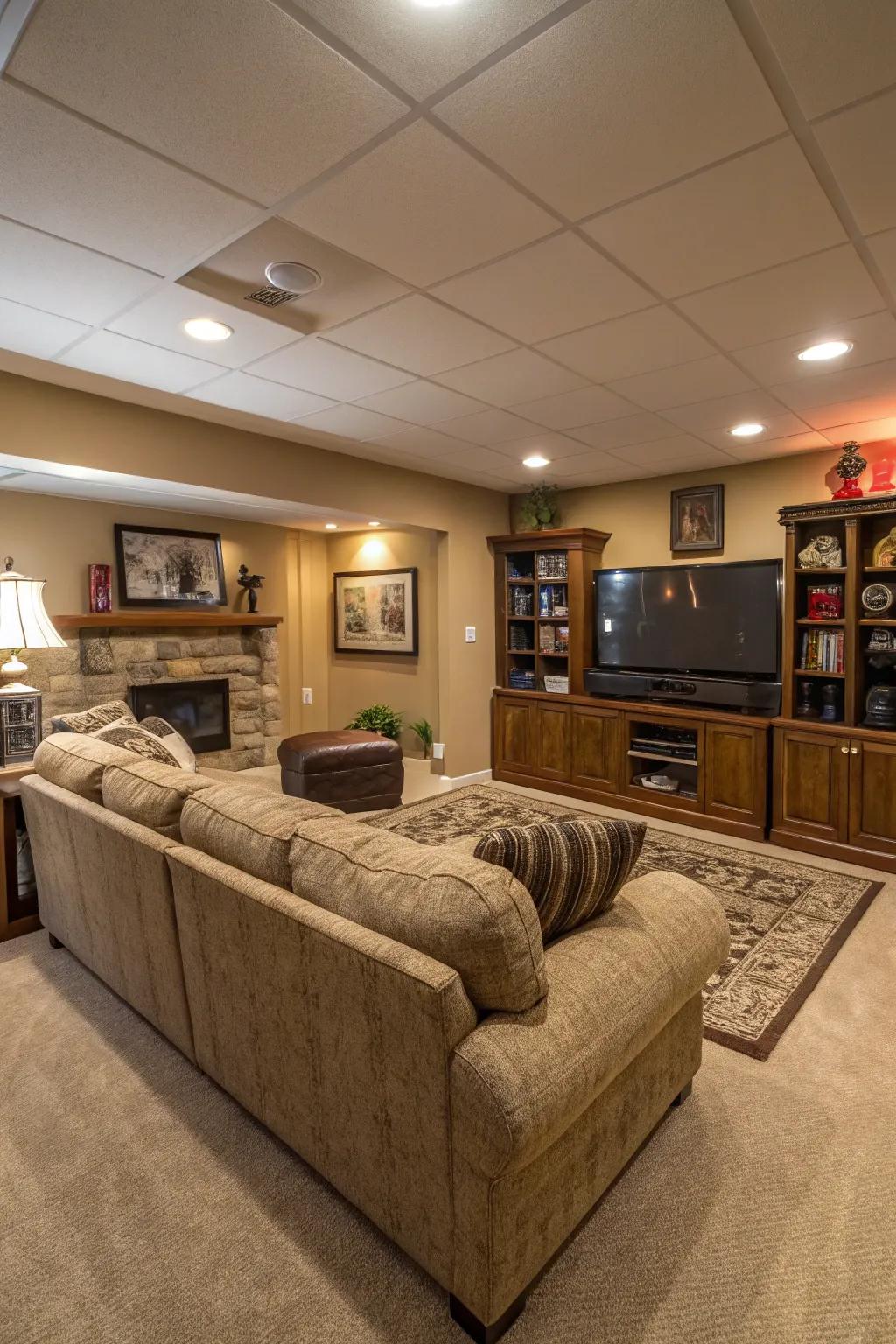 A welcoming basement family room featuring a large sectional sofa.
