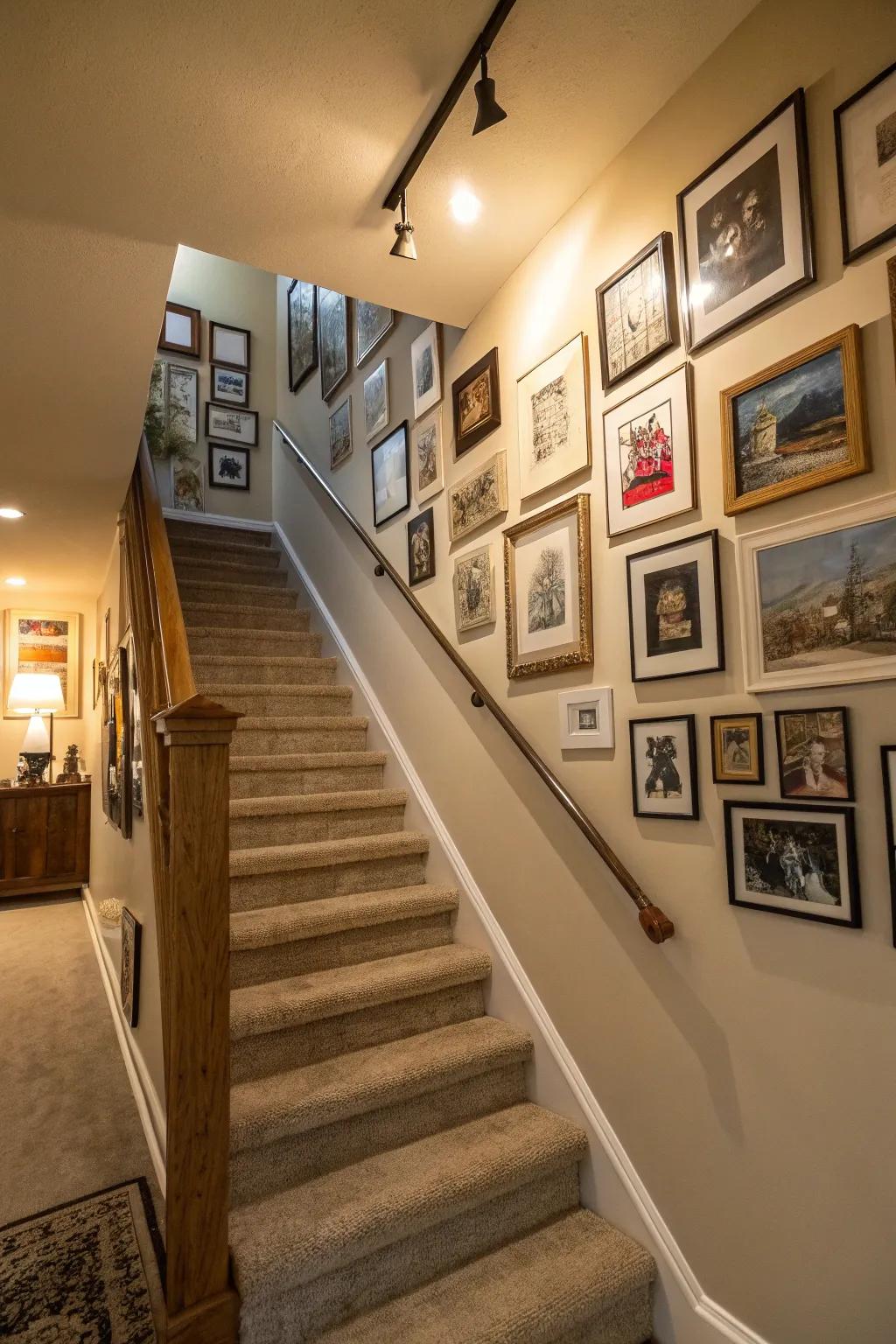 A picture display adds character and personal flair to the stairway.