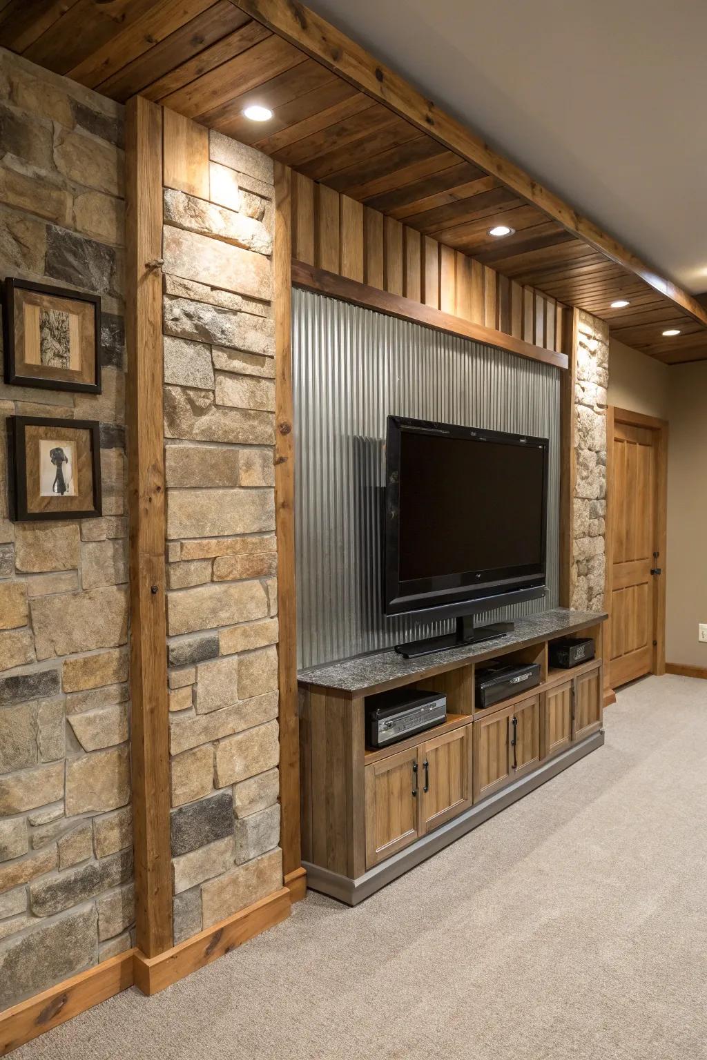 A basement TV wall showcasing a mix of wood, stone, and metal for a diverse and stylish presentation.