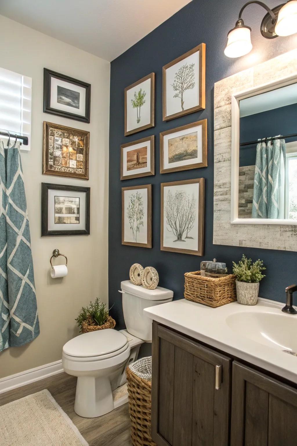 Framed art introduces a personal touch to your bathroom.