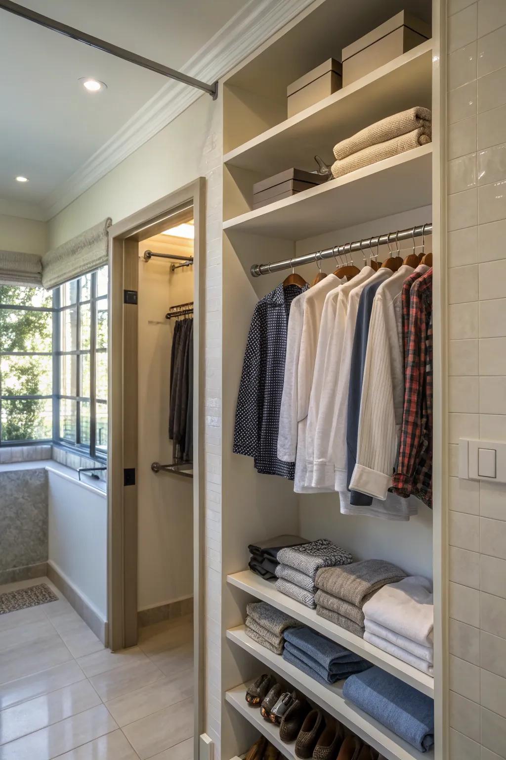 A smartly placed rod for hanging clothes beneath shelving.