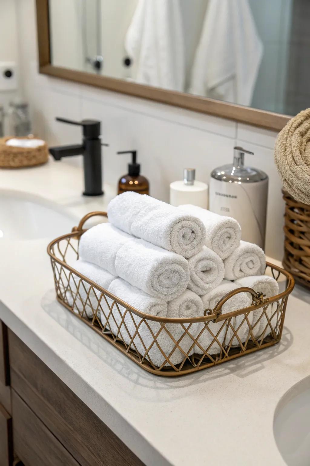 Fabrics add warmth and texture to your bathroom counter.