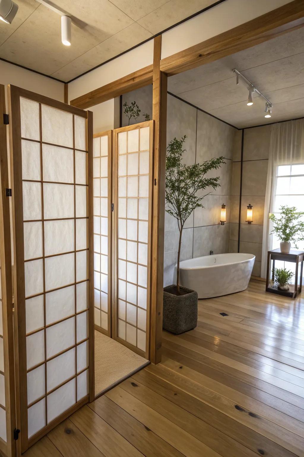 Nippon inspired screens present a serene, Eastern influenced design.