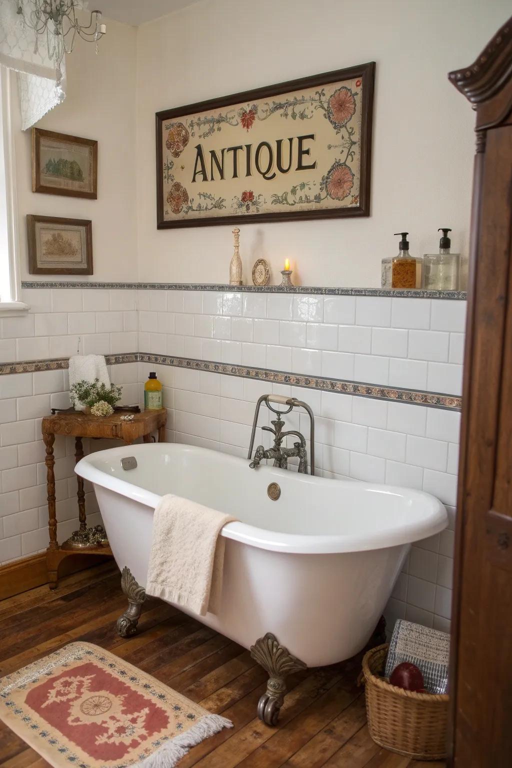 Add character using vintage bathroom signs.